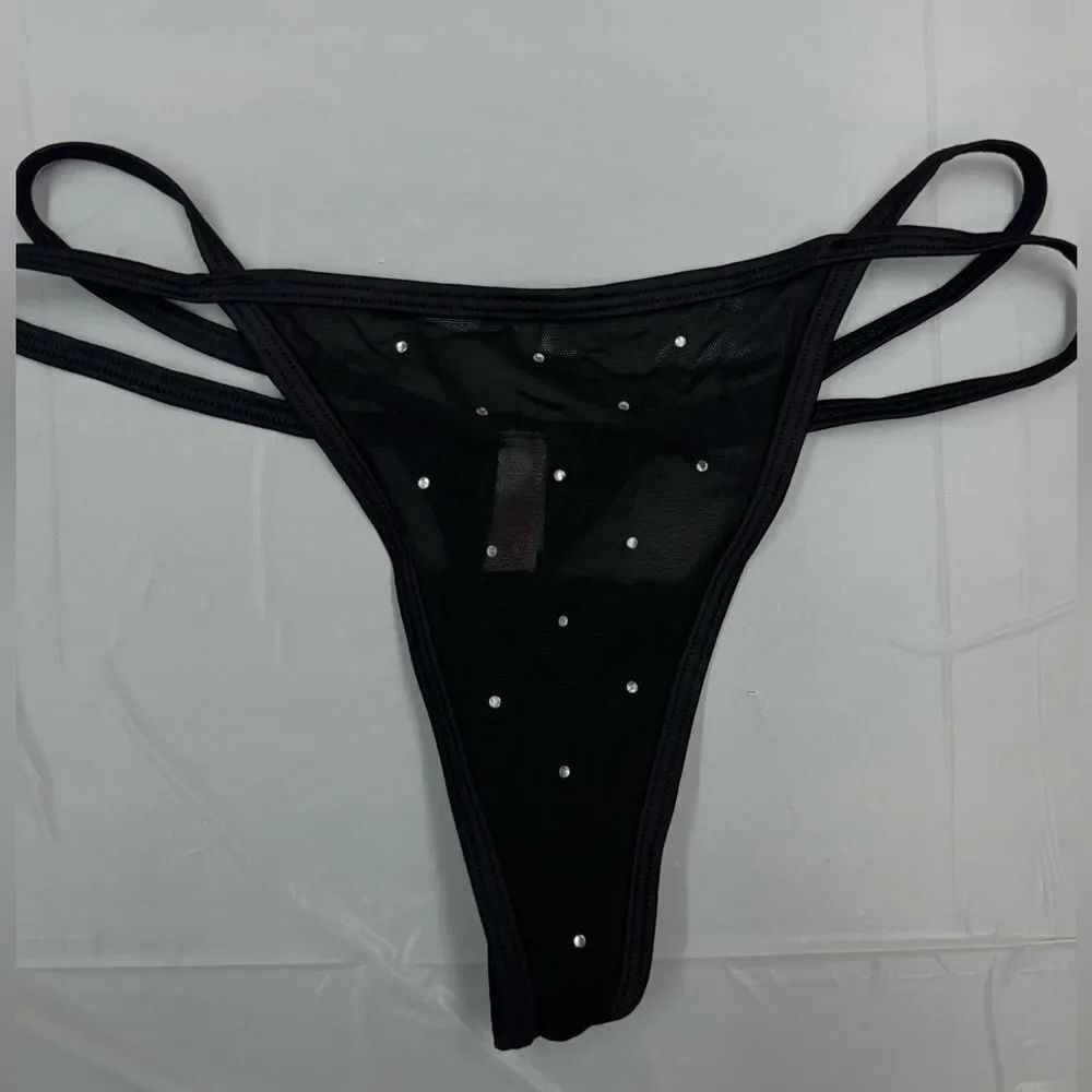 NWOT PINK Victoria’s Secret Black Thong with Rhinestones Size Medium